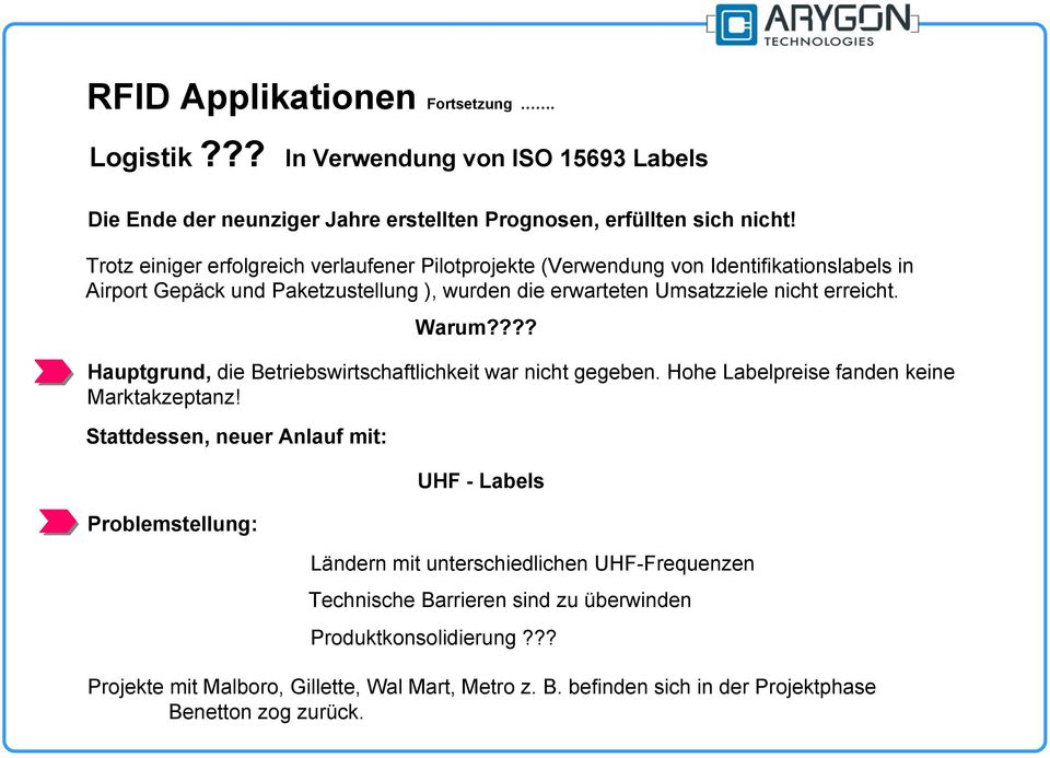 Hauptgrund, die Betriebswirtschaftlichkeit war nicht gegeben. Hohe Labelpreise fanden keine Marktakzeptanz! Stattdessen, neuer Anlauf mit: Problemstellung: Warum?