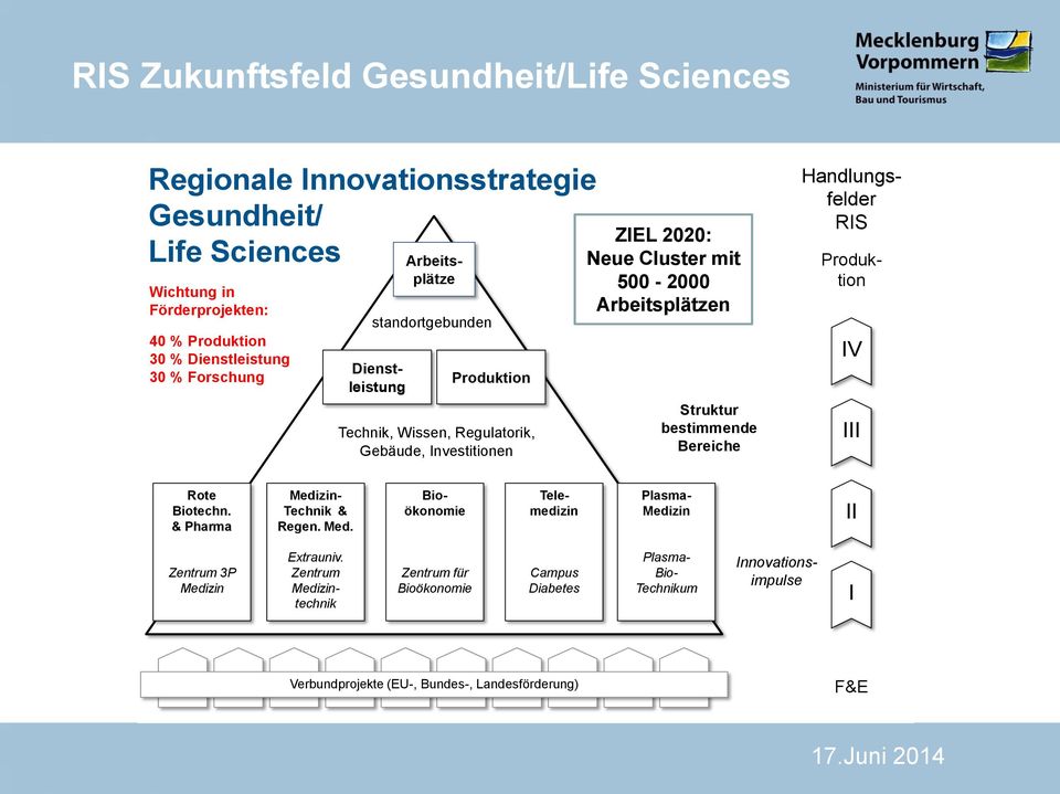 Struktur bestimmende Bereiche Produktion Handlungsfelder RIS IV III Rote Biotechn. & Pharma Medizin- Technik & Regen. Med. Bioökonomie Telemedizin Plasma- Medizin II Zentrum 3P Medizin Extrauniv.