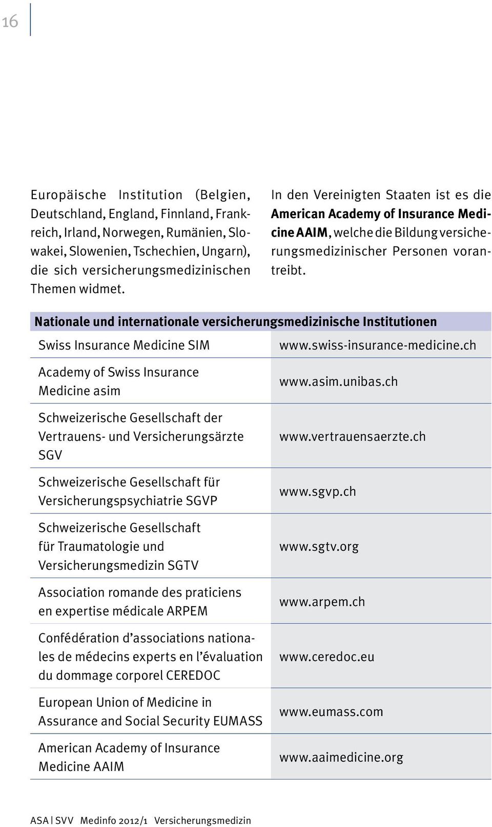 Nationale und internationale versicherungsmedizinische Institutionen Swiss Insurance Medicine SIM www.swiss-insurance-medicine.