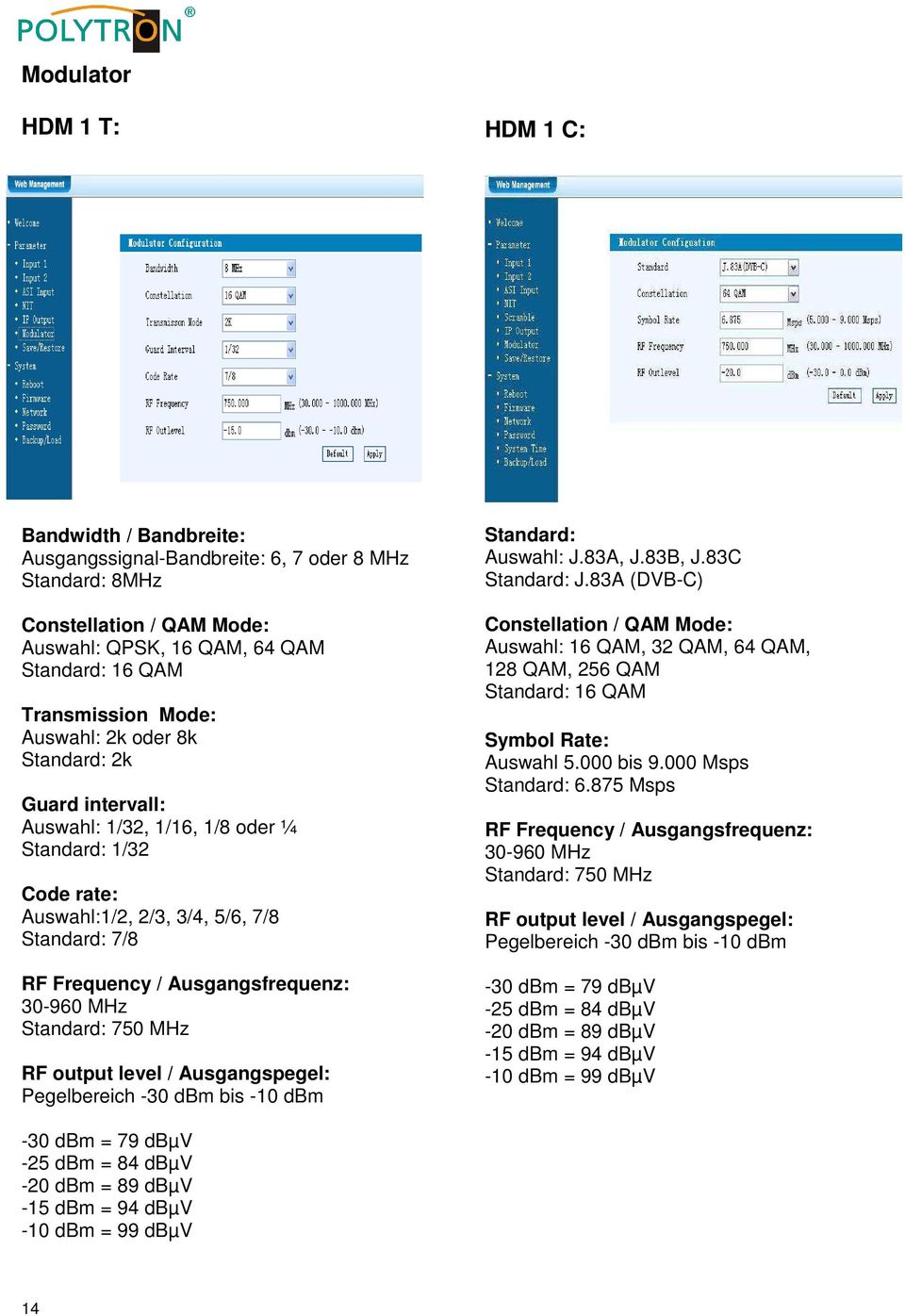 MHz Standard: 750 MHz RF output level / Ausgangspegel: Pegelbereich -30 dbm bis -10 dbm Standard: Auswahl: J.83A, J.83B, J.83C Standard: J.