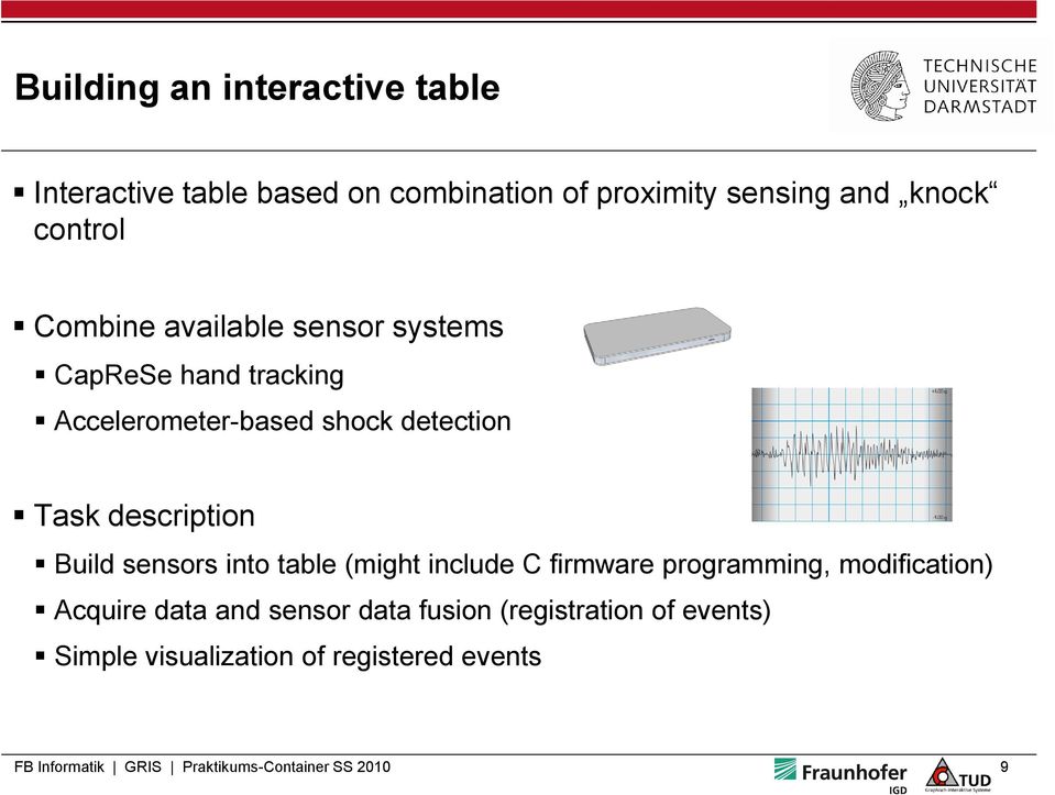 Build sensors into table (might include C firmware programming, modification) Acquire data and sensor data