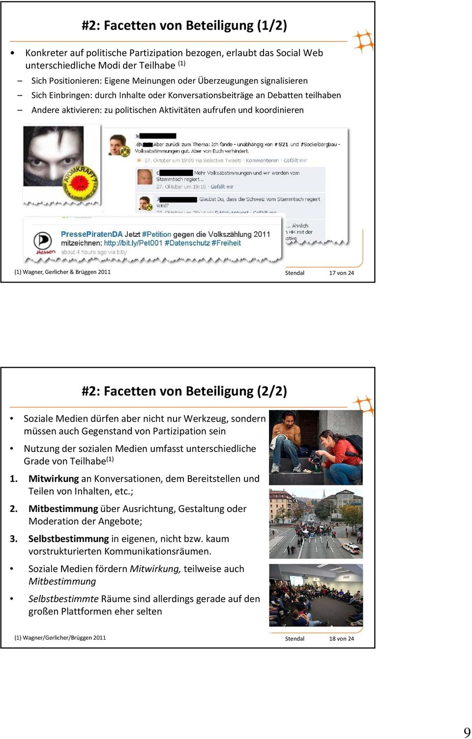 Gerlicher & Brüggen 2011 Stendal 17 von 24 #2: Facetten von Beteiligung (2/2) Soziale Medien dürfen aber nicht nur Werkzeug, sondern müssen auch Gegenstand von Partizipation sein Nutzung der sozialen
