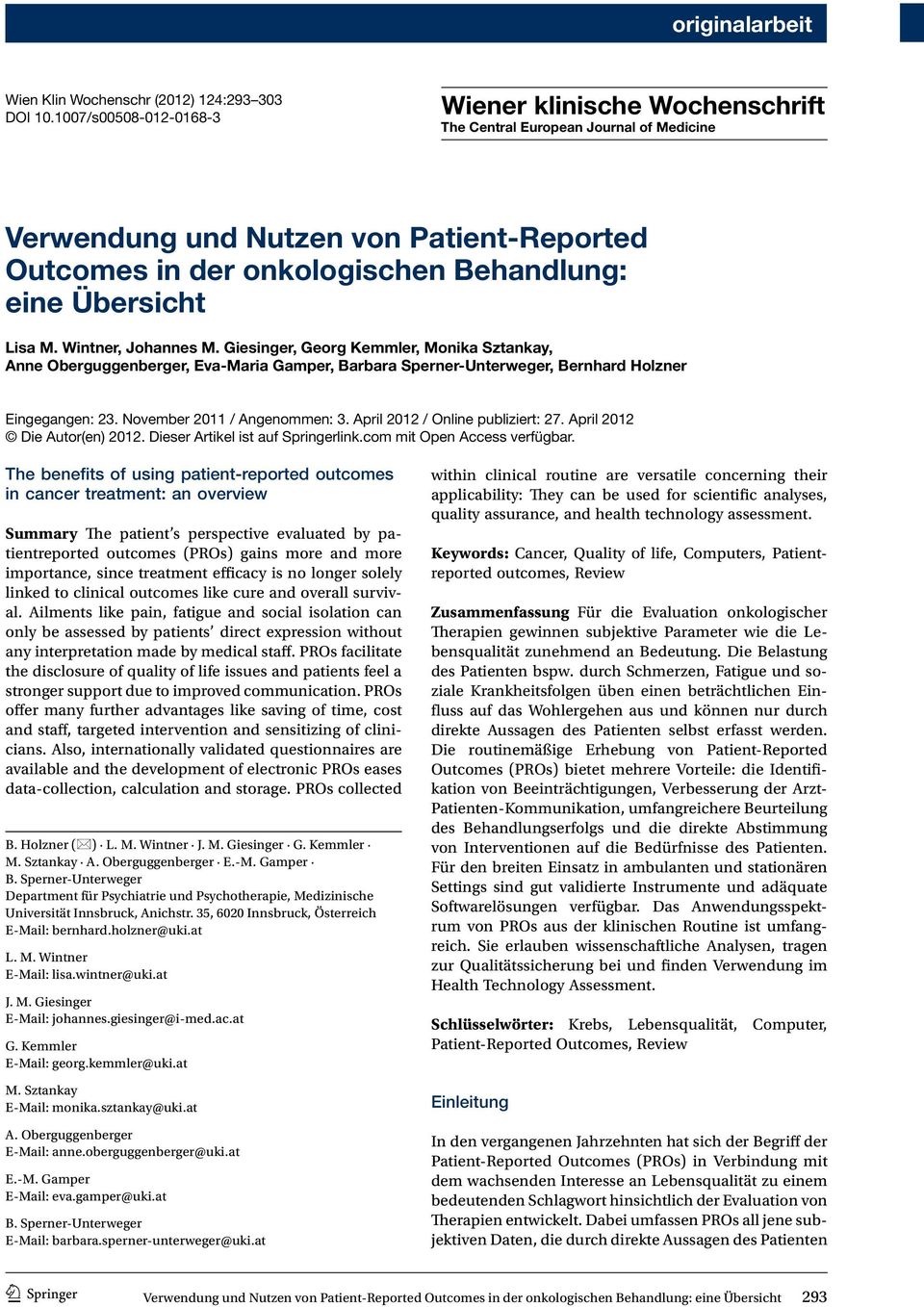 M. Wintner, Johannes M. Giesinger, Georg Kemmler, Monika Sztankay, Anne Oberguggenberger, Eva-Maria Gamper, Barbara Sperner-Unterweger, Bernhard Holzner Eingegangen: 23. November 2011 / Angenommen: 3.