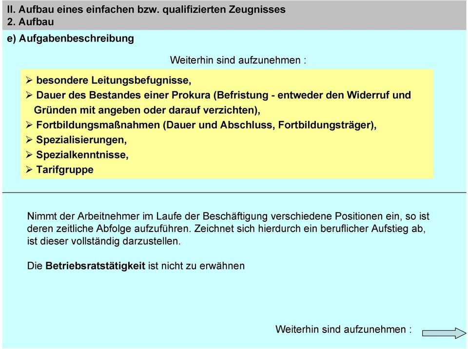 Gründen mit angeben oder darauf verzichten), Fortbildungsmaßnahmen (Dauer und Abschluss, Fortbildungsträger), Spezialisierungen, Spezialkenntnisse, Tarifgruppe Nimmt