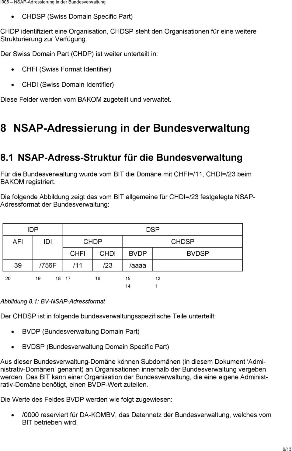 8 NSAP-Adressierung in der Bundesverwaltung 8.1 NSAP-Adress-Struktur für die Bundesverwaltung Für die Bundesverwaltung wurde vom BIT die Domäne mit CHFI=/11, CHDI=/23 beim BAKOM registriert.