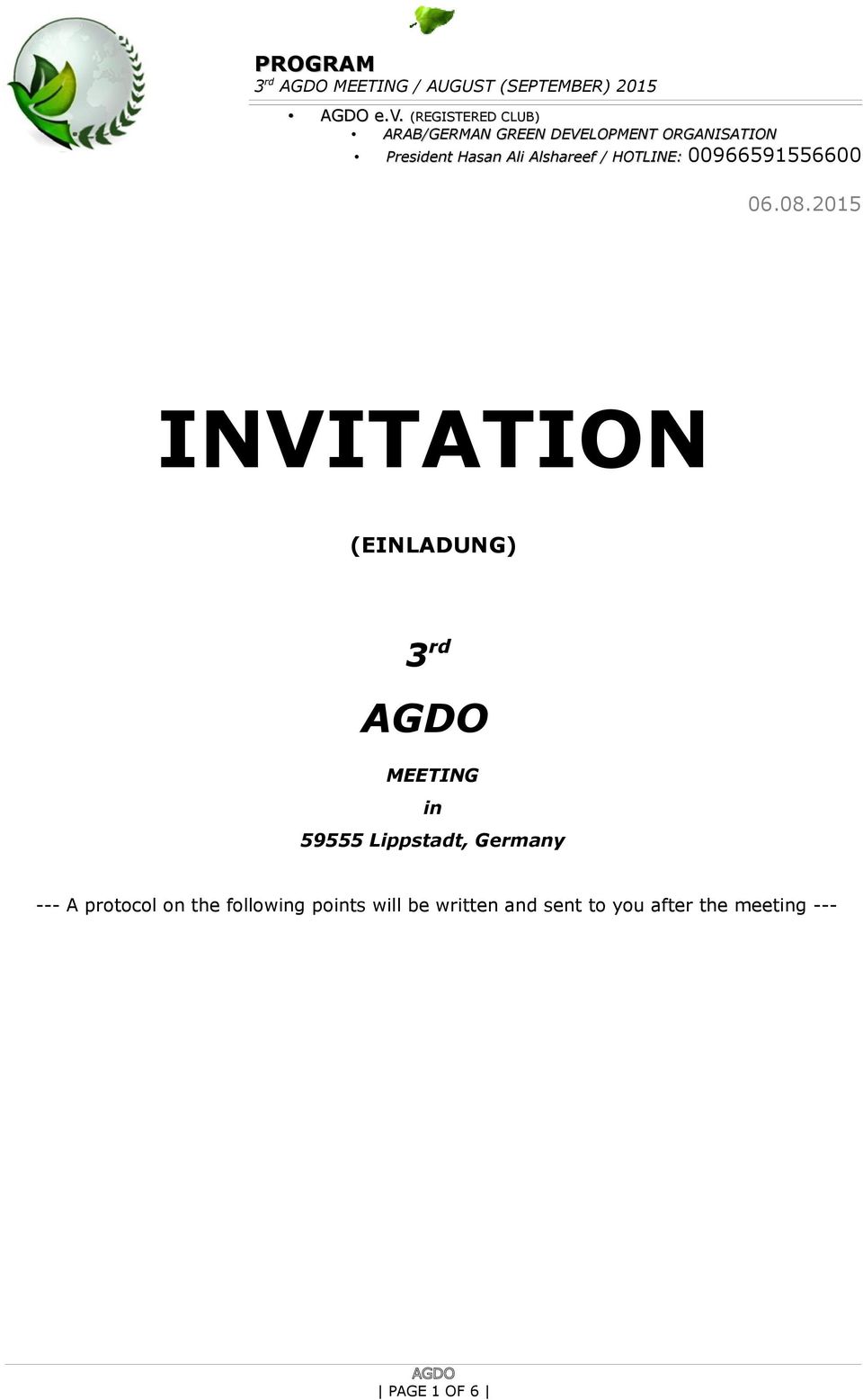 2015 INVITATION (EINLADUNG) 3 rd MEETING in 59555 Lippstadt,