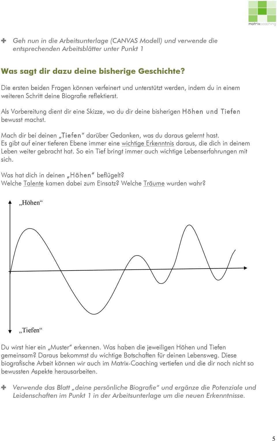 Als Vorbereitung dient dir eine Skizze, wo du dir deine bisherigen Höhen und Tiefen bewusst machst. Mach dir bei deinen Tiefen darüber Gedanken, was du daraus gelernt hast.