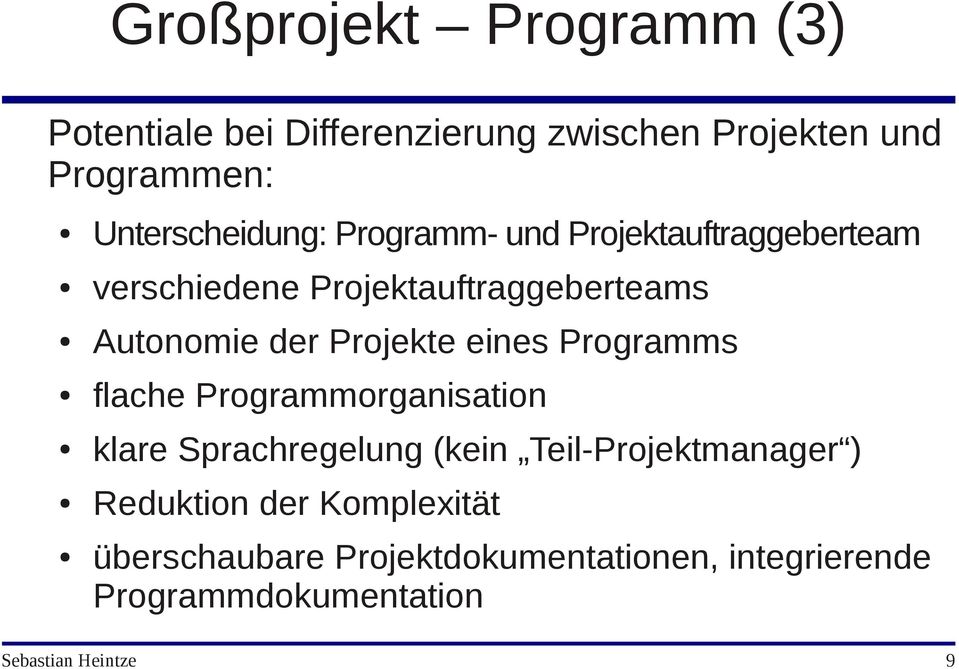der Projekte eines Programms flache Programmorganisation klare Sprachregelung (kein Teil-Projektmanager