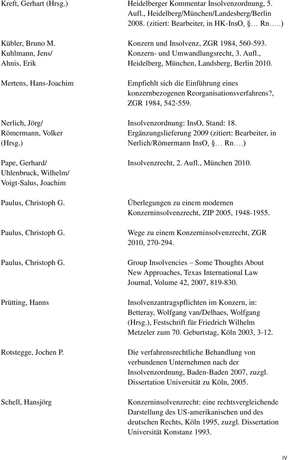 Mertens, Hans-Joachim Nerlich, Jörg/ Römermann, Volker (Hrsg.) Pape, Gerhard/ Uhlenbruck, Wilhelm/ Voigt-Salus, Joachim Paulus, Christoph G. Paulus, Christoph G. Paulus, Christoph G. Prütting, Hanns Rotstegge, Jochen P.