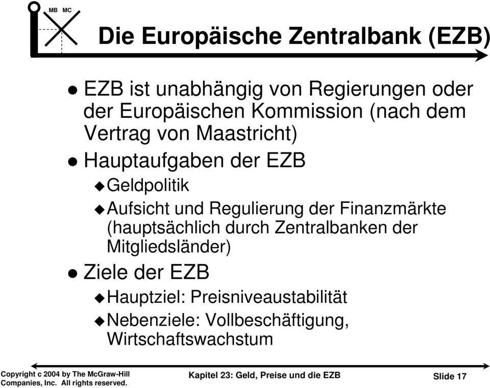Finanzmärkte (hauptsächlich durch Zentralbanken der Mitgliedsländer) Ziele der EZB Hauptziel: