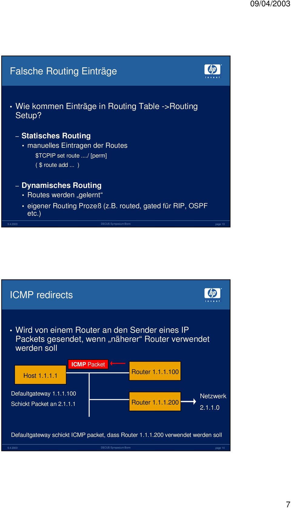 ) page 13 ICMP redirects Wird von einem Router an den Sender eines IP Packets gesendet, wenn näherer Router verwendet werden soll Host 1.1.1.1 ICMP Packet Router 1.