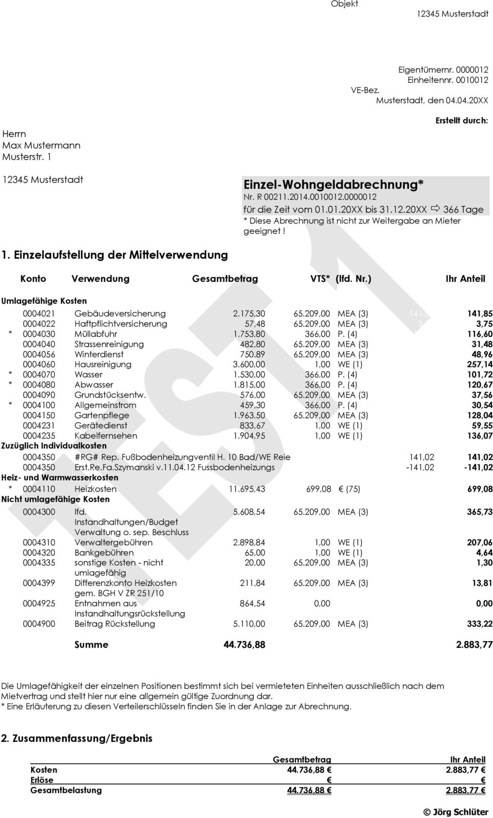 de Einzel-Wohngeldabrechnung* Nr. R 00211.2014.0010012.0000012 für die Zeit vom 01.01.20XX bis 31.12.20XX 366 Tage * Diese Abrechnung ist nicht zur Weitergabe an Mieter geeignet! 1.