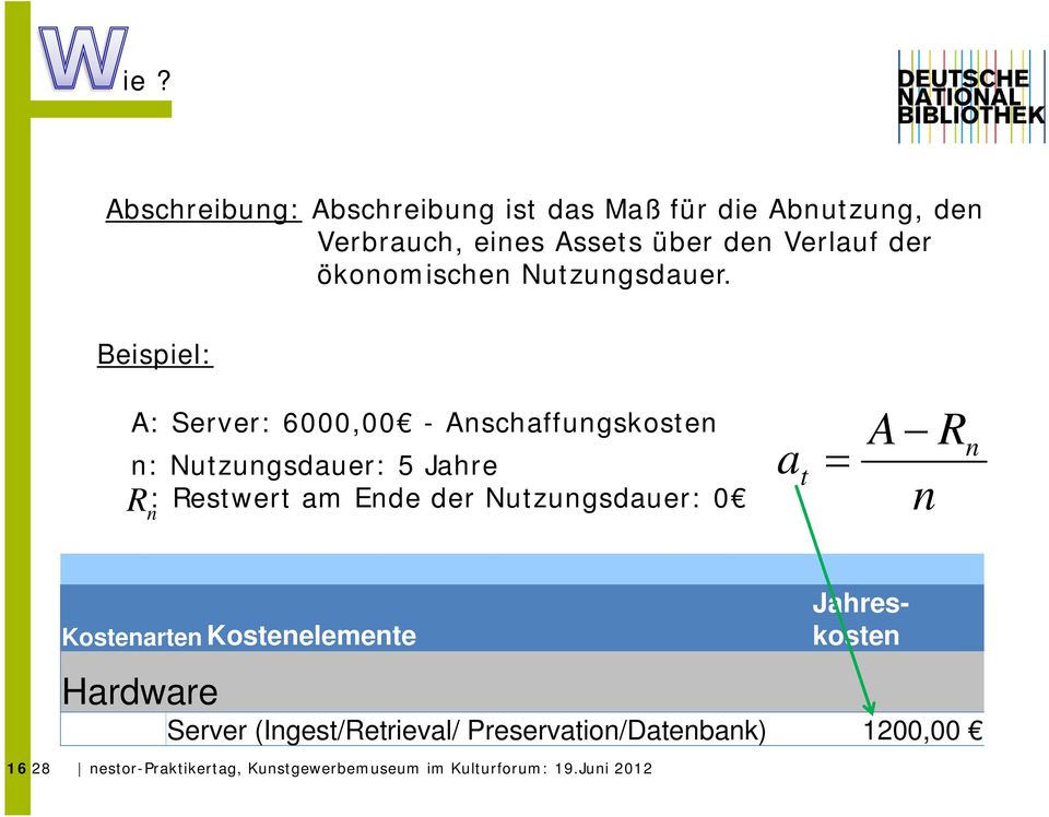 Beispiel: A: Server: 6000,00 - Anschaffungskosten n: Nutzungsdauer: 5 Jahre : Restwert am Ende der Nutzungsdauer: