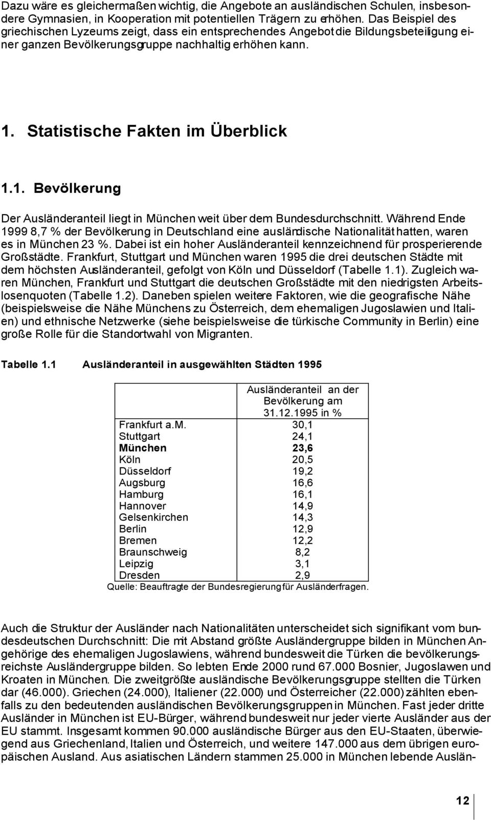 Statistische Fakten im Überblick 1.1. Bevölkerung Der Ausländeranteil liegt in München weit über dem Bundesdurchschnitt.