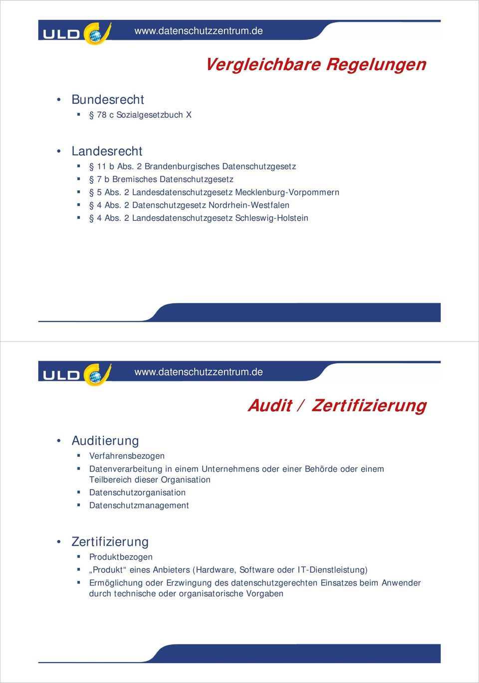 2 Landesdatenschutzgesetz Schleswig-Holstein Audit / Zertifizierung Auditierung Verfahrensbezogen Datenverarbeitung in einem Unternehmens oder einer Behörde oder einem Teilbereich