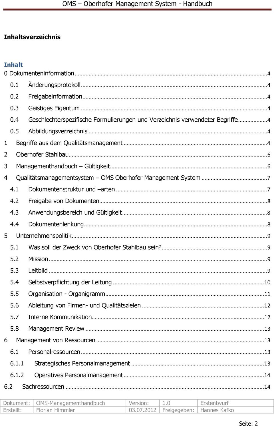 .. 6 4 Qualitätsmanagementsystem OMS Oberhofer Management System... 7 4.1 Dokumentenstruktur und arten... 7 4.2 Freigabe von Dokumenten... 8 4.3 Anwendungsbereich und Gültigkeit... 8 4.4 Dokumentenlenkung.