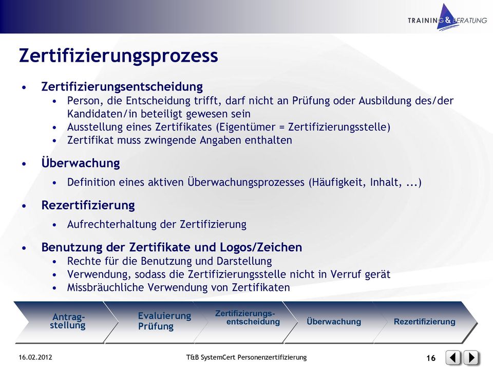 ..) Rezertifizierung Aufrechterhaltung der Zertifizierung Benutzung der Zertifikate und Logos/Zeichen Rechte für die Benutzung und Darstellung Verwendung, sodass die Zertifizierungsstelle