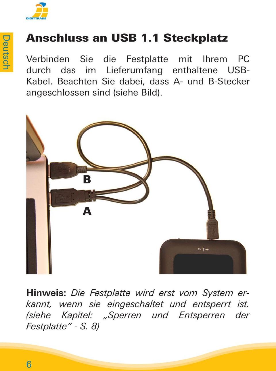 USB- Kabel. Beachten Sie dabei, dass A- und B-Stecker angeschlossen sind (siehe Bild).