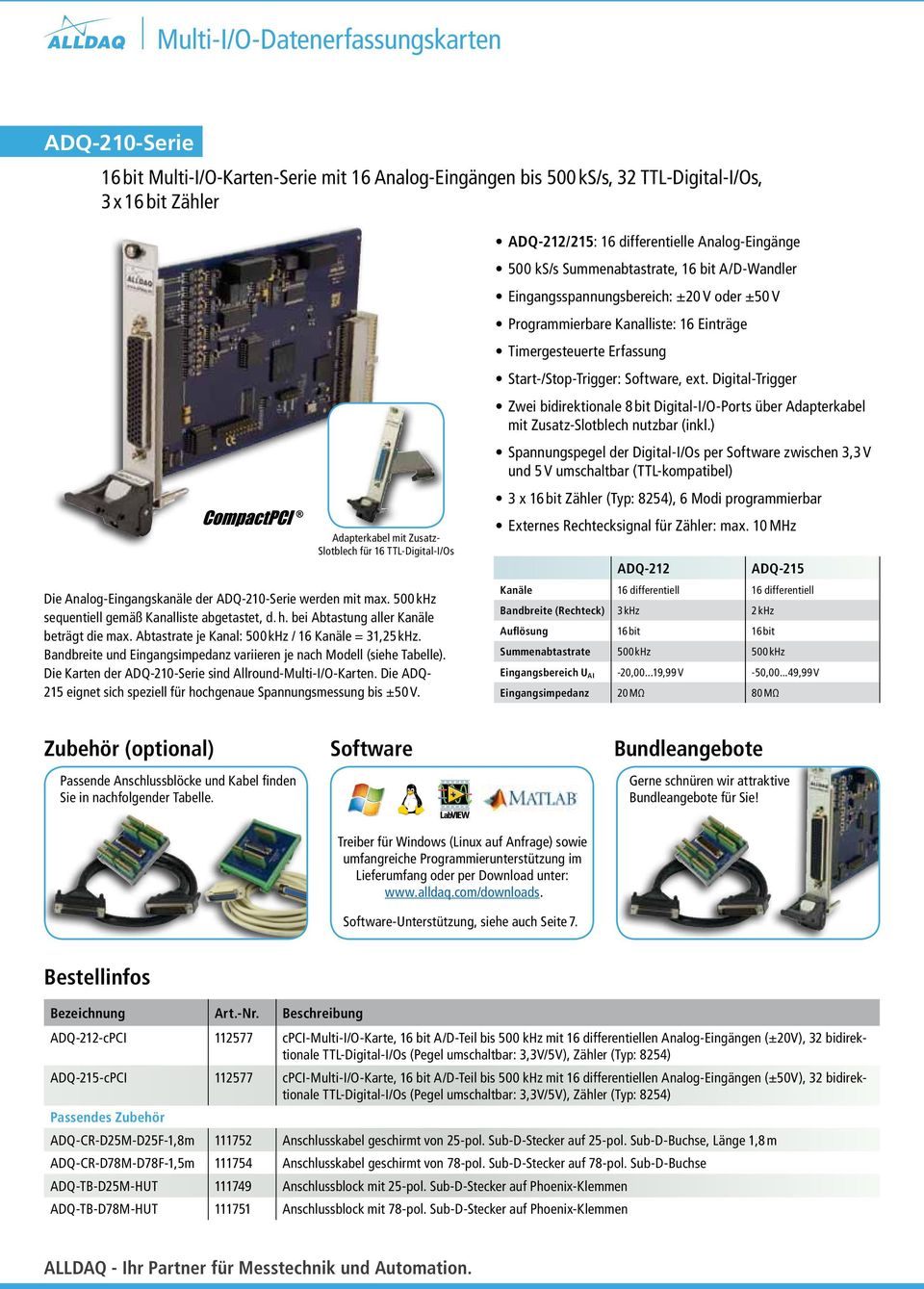 Abtastrate je Kanal: 500 khz / 16 Kanäle = 31,25 khz. Bandbreite und Eingangsimpedanz variieren je nach Modell (siehe Tabelle). Die Karten der ADQ-210-Serie sind Allround-Multi-I/O-Karten.