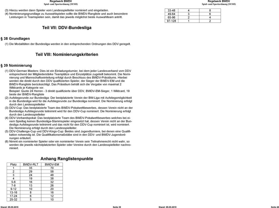 Teil VII: DDV-Bundesliga 33-48 4 8 49-64 3 6 65-96 2 4 97-128 1 2 38 Grundlagen (1) Die Modalitäten der Bundesliga werden in den entsprechenden Ordnungen des DDV geregelt.