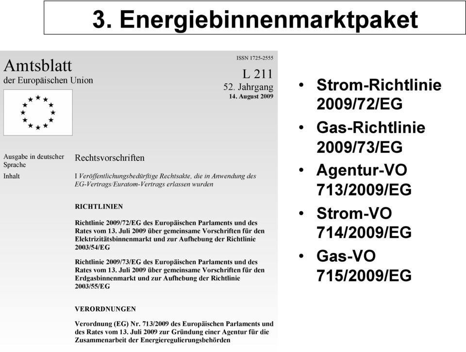13. Juli 2009 über gemeinsame Vorschriften für den Elektrizitätsbinnenmarkt und zur Aufhebung der Richtlinie 2003/54/EG Richtlinie 2009/73/EG des Europäischen Parlaments und des Rates vom 13.