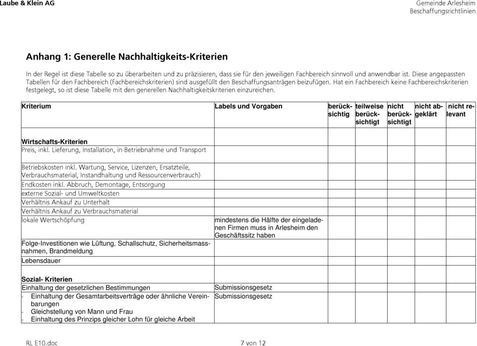 Hat ein Fachbereich keine Fachbereichskriterien festgelegt, so ist diese Tabelle mit den generellen Nachhaltigkeitskriterien einzureichen.