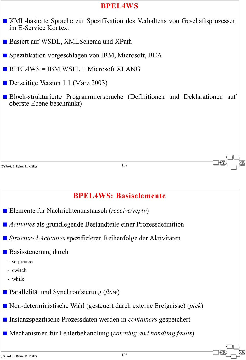 Müller 102 BPEL4WS: Basiselemente Elemente für Nachrichtenaustausch (receive/reply) Activities als grundlegende Bestandteile einer Prozessdefinition Structured Activities spezifizieren Reihenfolge