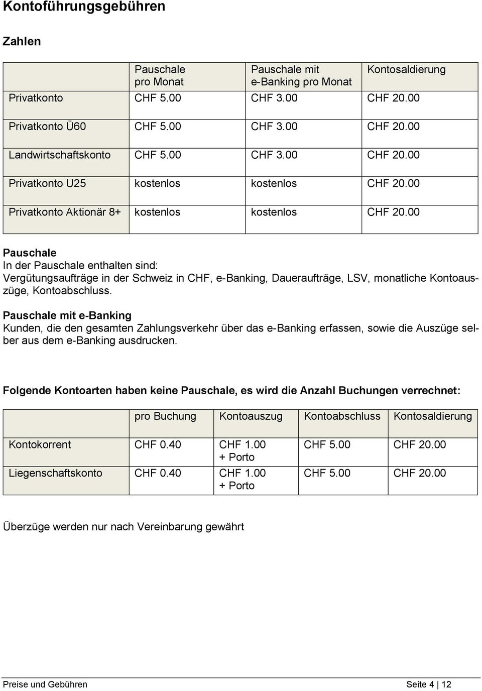 00 Pauschale In der Pauschale enthalten sind: Vergütungsaufträge in der Schweiz in CHF, e-banking, Daueraufträge, LSV, monatliche Kontoauszüge, Kontoabschluss.