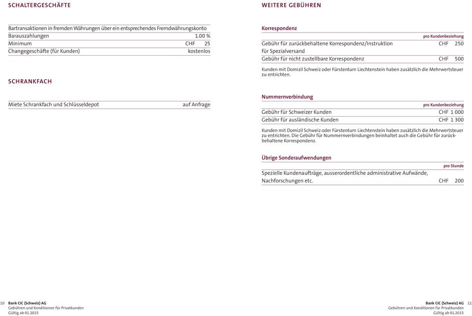 CHF 250 für Spezialversand Gebühr für nicht zustellbare Korrespondenz CHF 500 Kunden mit Domizil Schweiz oder Fürstentum Liechtenstein haben zusätzlich die Mehrwertsteuer zu entrichten.