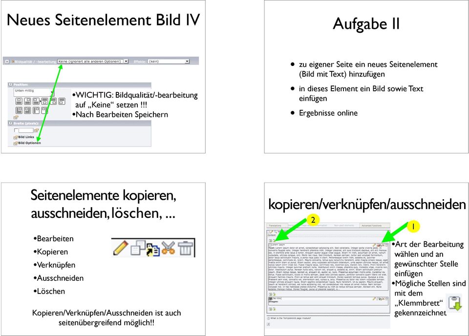 Ergebnisse online Seitenelemente kopieren, ausschneiden, löschen,.