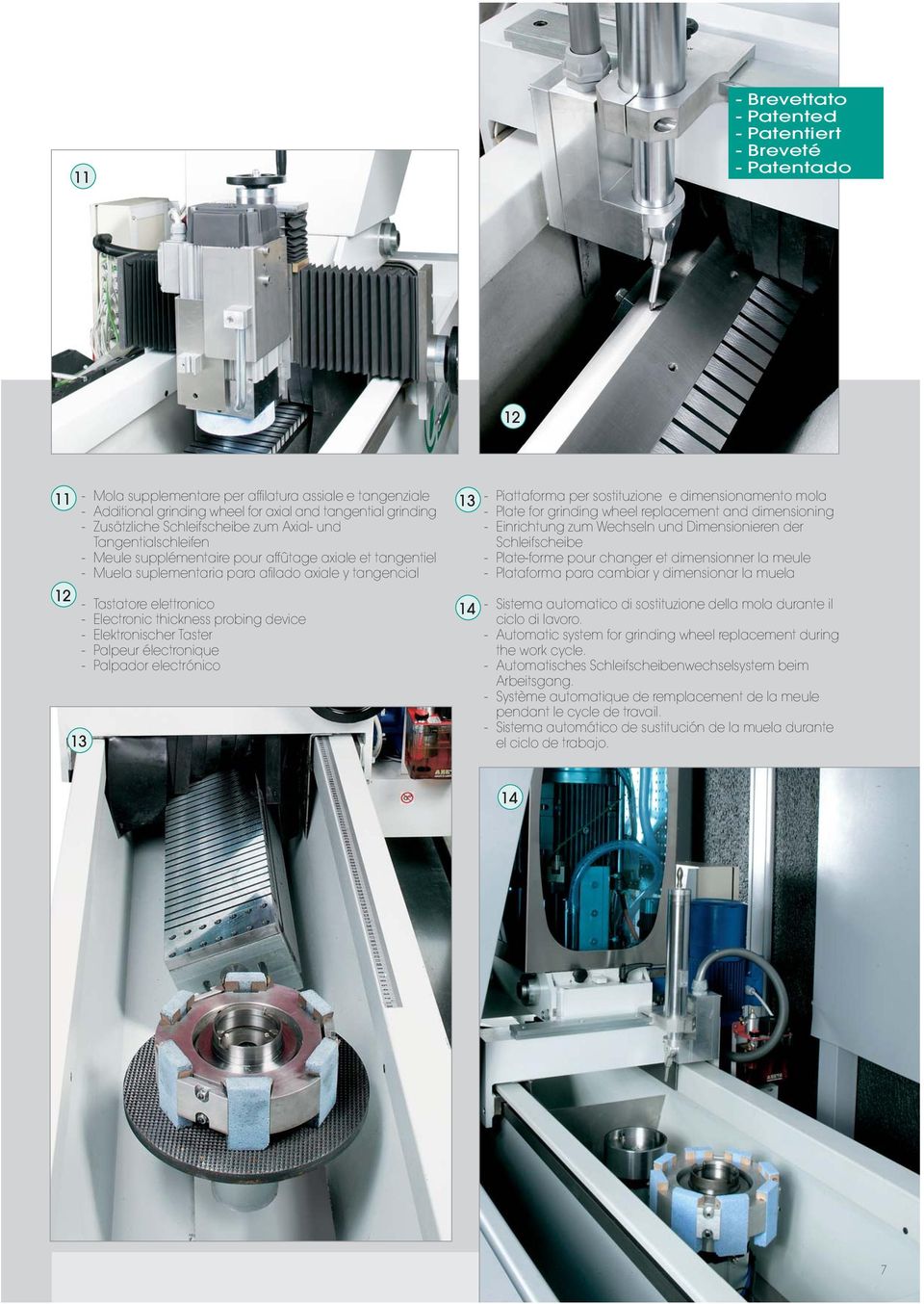 - Electronic thickness probing device - Elektronischer Taster - Palpeur électronique - Palpador electrónico 13 14 - Piattaforma per sostituzione e dimensionamento mola - Plate for grinding wheel