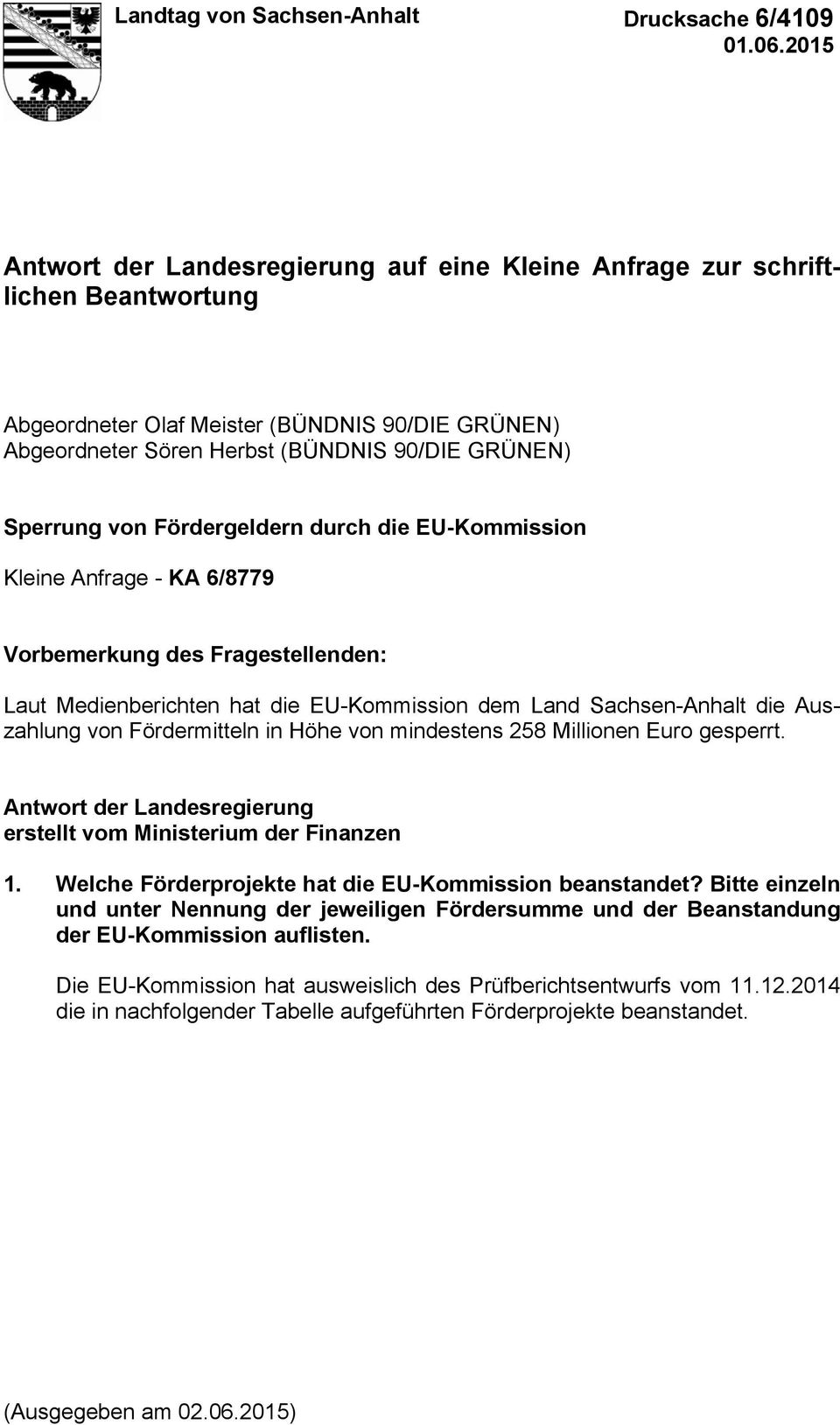 von Fördergeldern durch die EU-Kommission Kleine Anfrage - KA 6/8779 Vorbemerkung des Fragestellenden: Laut Medienberichten hat die EU-Kommission dem Land Sachsen-Anhalt die Auszahlung von
