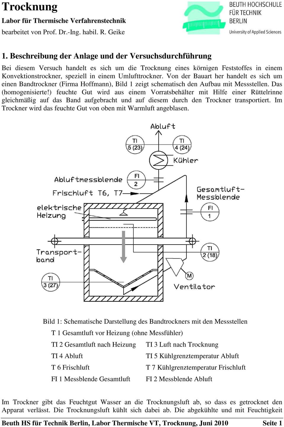 Von der Bauart her handelt es sich um einen Bandtrockner (Firma Hoffmann), Bild 1 zeigt schematisch den Aufbau mit Messstellen. Das (homogenisierte!