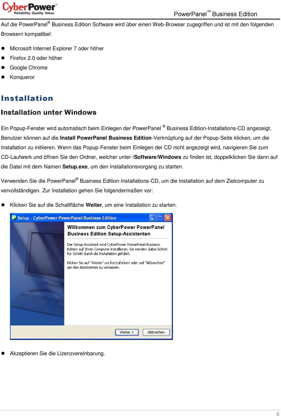 Benutzer können auf die Install PowerPanel Business Edition-Verknüpfung auf der Popup-Seite klicken, um die Installation zu initiieren.