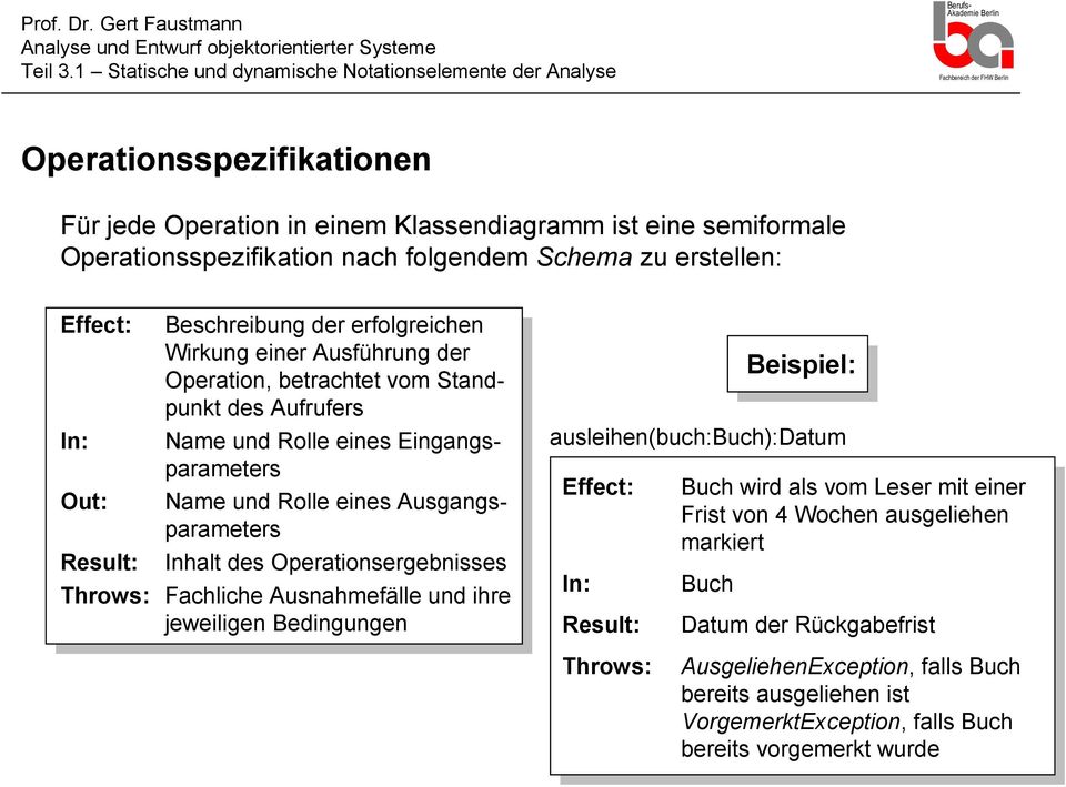 Inhalt des Operationsergebnisses Throws: Fachliche Ausnahmefälle und ihre jeweiligen Bedingungen Effect: In: Result: Buch wird als vom Leser mit einer Frist von 4 Wochen ausgeliehen