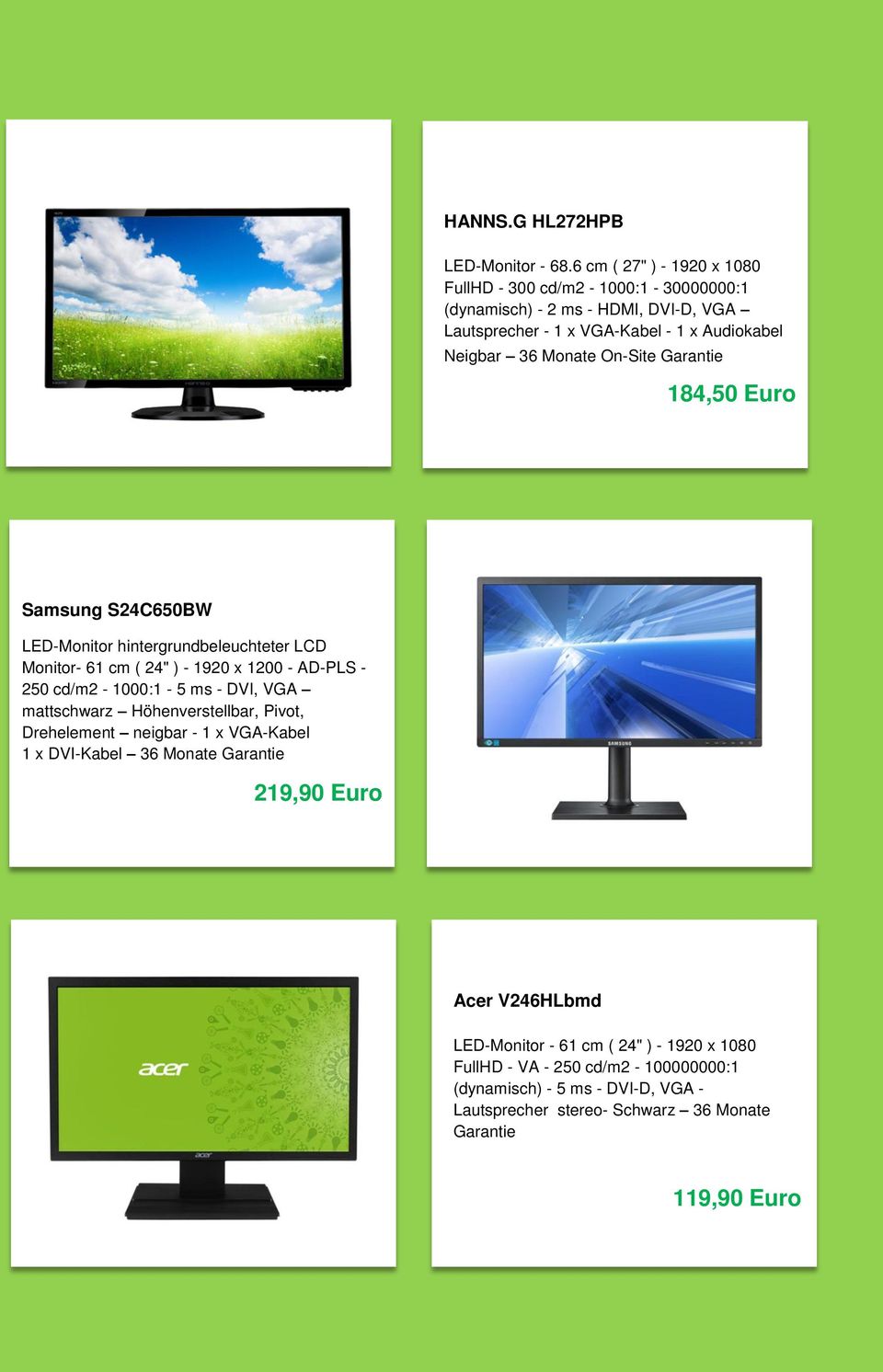 On-Site Garantie 184,50 Euro Samsung S24C650BW LED-Monitor hintergrundbeleuchteter LCD Monitor- 61 cm ( 24" ) - 1920 x 1200 - AD-PLS - 250 cd/m2-1000:1-5 ms - DVI, VGA