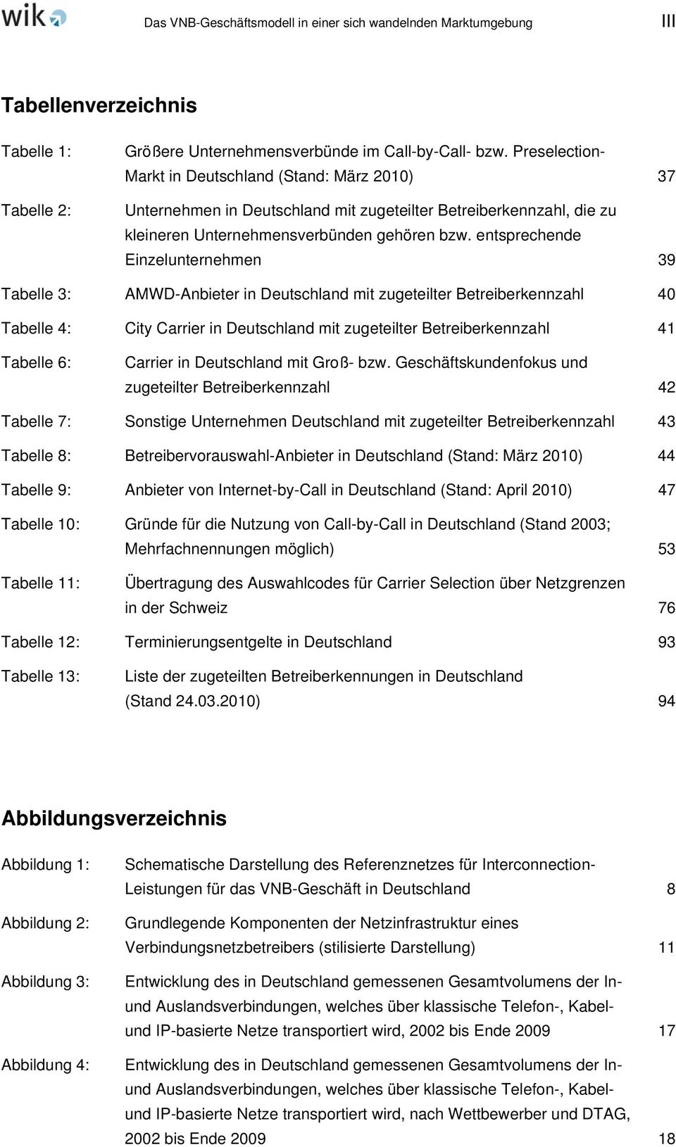 entsprechende Einzelunternehmen 39 Tabelle 3: AMWD-Anbieter in Deutschland mit zugeteilter Betreiberkennzahl 40 Tabelle 4: City Carrier in Deutschland mit zugeteilter Betreiberkennzahl 41 Tabelle 6:
