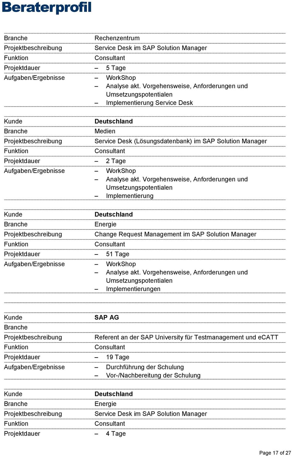 Projektdauer 51 Tage Referent an der SAP University für Testmanagement und ecatt Projektdauer 19 Tage Aufgaben/Ergebnisse