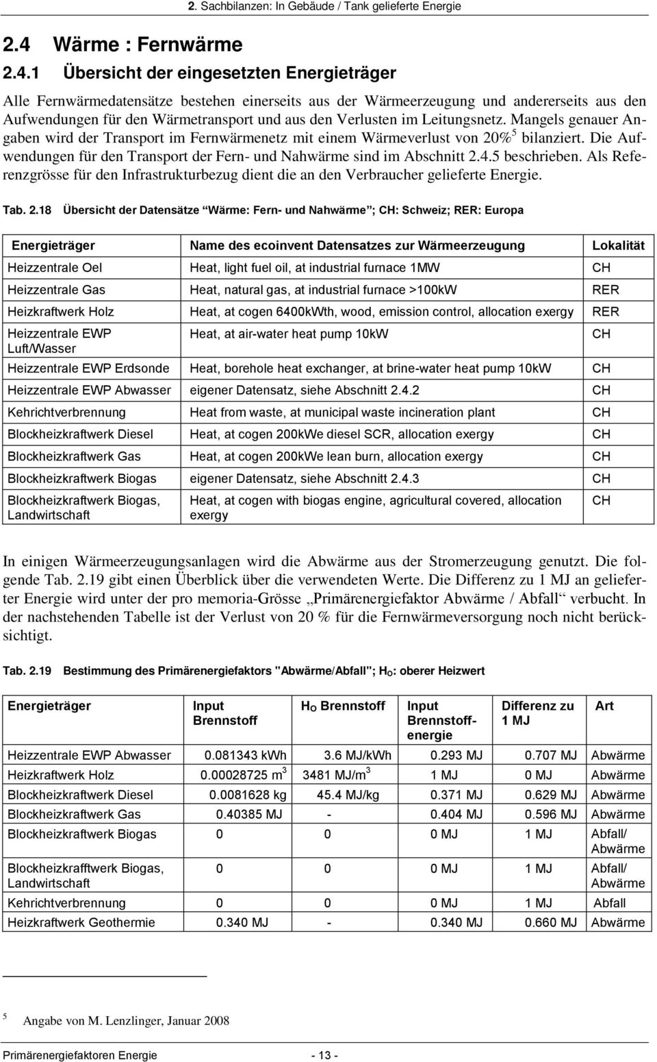 1 Übersicht der eingesetzten Energieträger Alle Fernwärmedatensätze bestehen einerseits aus der Wärmeerzeugung und andererseits aus den Aufwendungen für den Wärmetransport und aus den Verlusten im