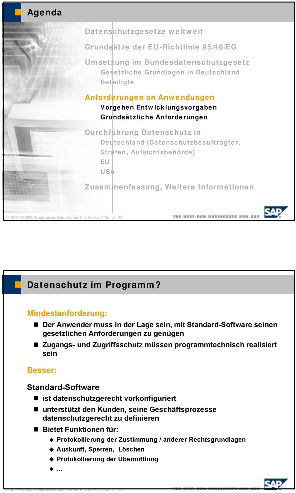 2003, Grundzügedes Datenschutzes,H.-J. Schwab, T. Schröer 13 Datenschutz im Programm?