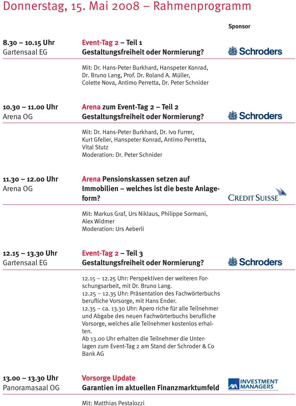 Hans-Peter Burkhard, Dr. Ivo Furrer, Kurt Gfeller, Hanspeter Konrad, Antimo Perretta, Vital Stutz Moderation: Dr. Peter Schnider 11.30 12.