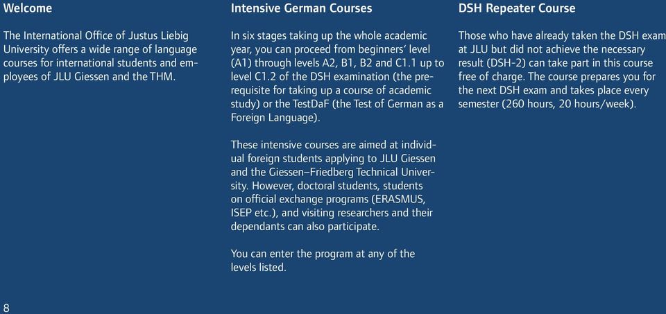2 of the DSH examination (the prerequisite for taking up a course of academic study) or the TestDaF (the Test of German as a Foreign Language).