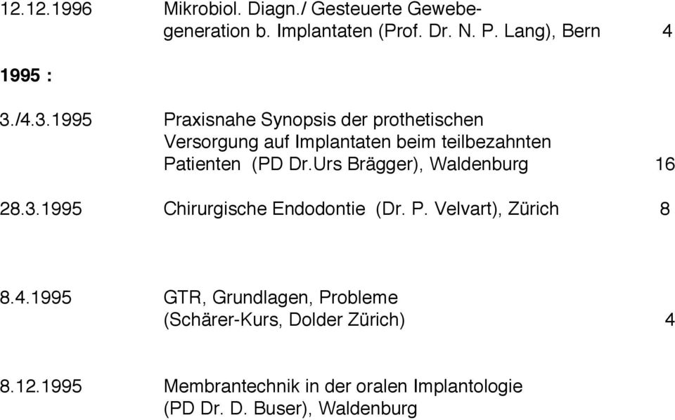 Urs Brägger), Waldenburg 16 28.3.1995 Chirurgische Endodontie (Dr. P. Velvart), Zürich 8 8.4.