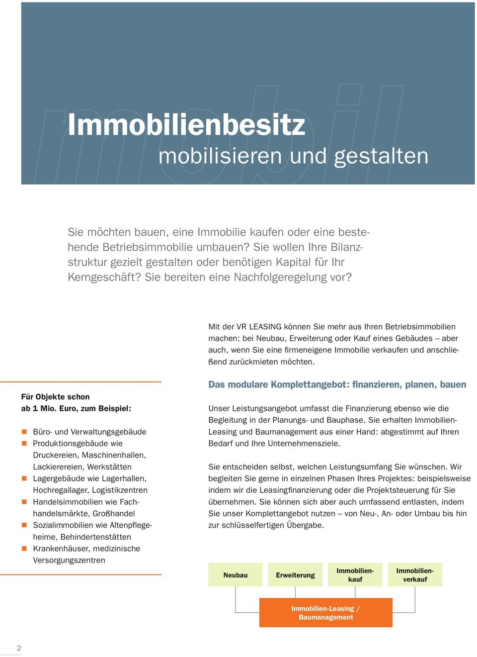 Mit der VR LEASING können Sie mehr aus Ihren Betriebsimmobilien machen: bei Neubau, Erweiterung oder Kauf eines Gebäudes aber auch, wenn Sie eine fi rmeneigene Immobilie verkaufen und anschließend