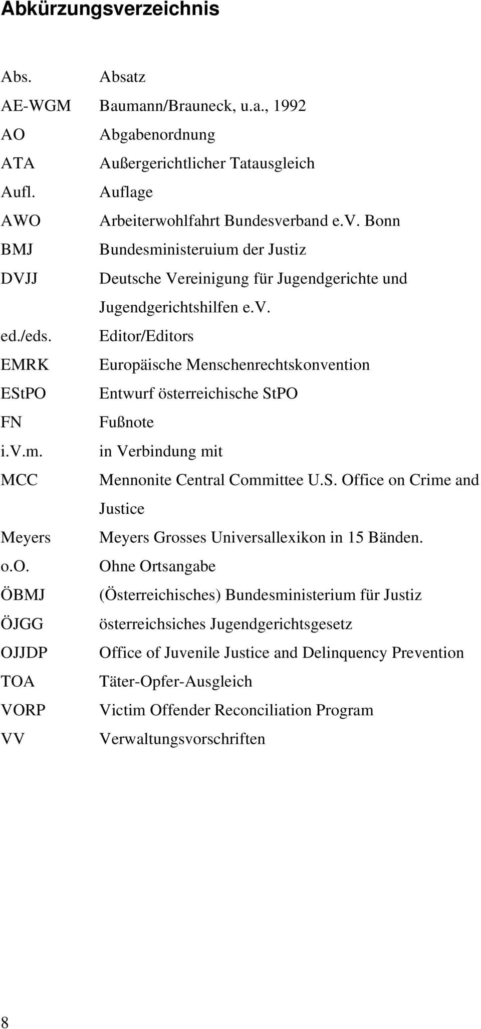 o.o. Ohne Ortsangabe ÖBMJ (Österreichisches) Bundesministerium für Justiz ÖJGG österreichsiches Jugendgerichtsgesetz OJJDP Office of Juvenile Justice and Delinquency Prevention TOA