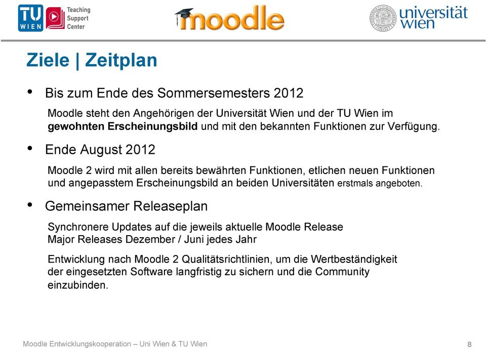 Ende August 2012 Moodle 2 wird mit allen bereits bewährten Funktionen, etlichen neuen Funktionen und angepasstem Erscheinungsbild an beiden Universitäten erstmals angeboten.