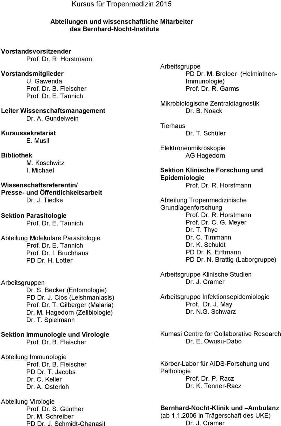 Tiedke Sektion Parasitologie Prof. Dr. E. Tannich Abteilung Molekulare Parasitologie Prof. Dr. E. Tannich Prof. Dr. I. Bruchhaus PD Dr. H. Lotter Arbeitsgruppen Dr. S. Becker (Entomologie) PD Dr. J.