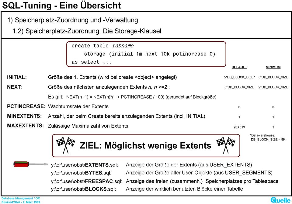 PCTINCREASE / 00) (gerundet auf Blockgröße) PCTINCREASE: Wachtumsrate der Extents 0 0 MINEXTENTS: Anzahl, der beim Create bereits anzulegenden Extents (incl.