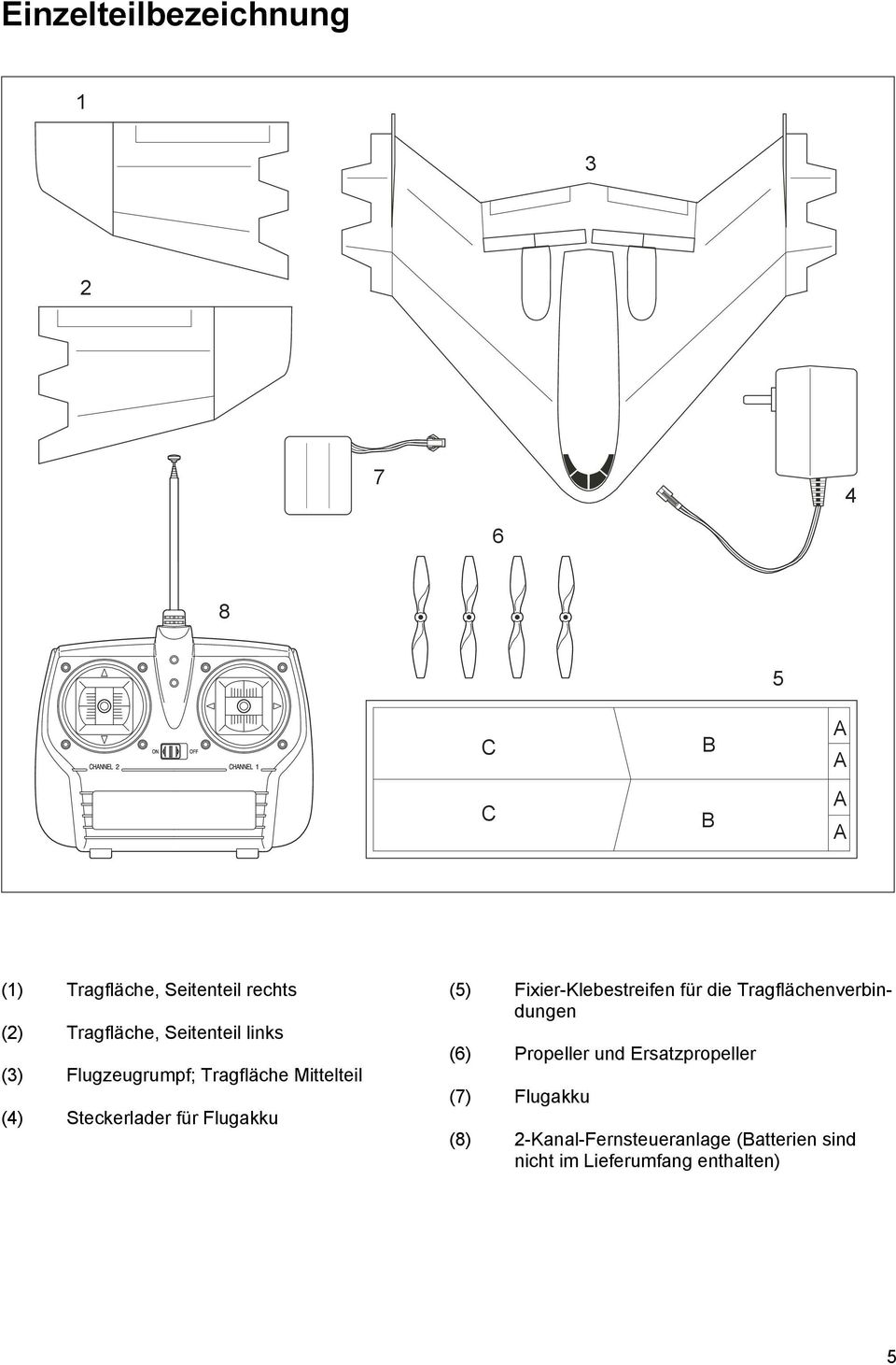 Flugakku (5) Fixier-Klebestreifen für die Tragflächenverbindungen (6) Propeller und