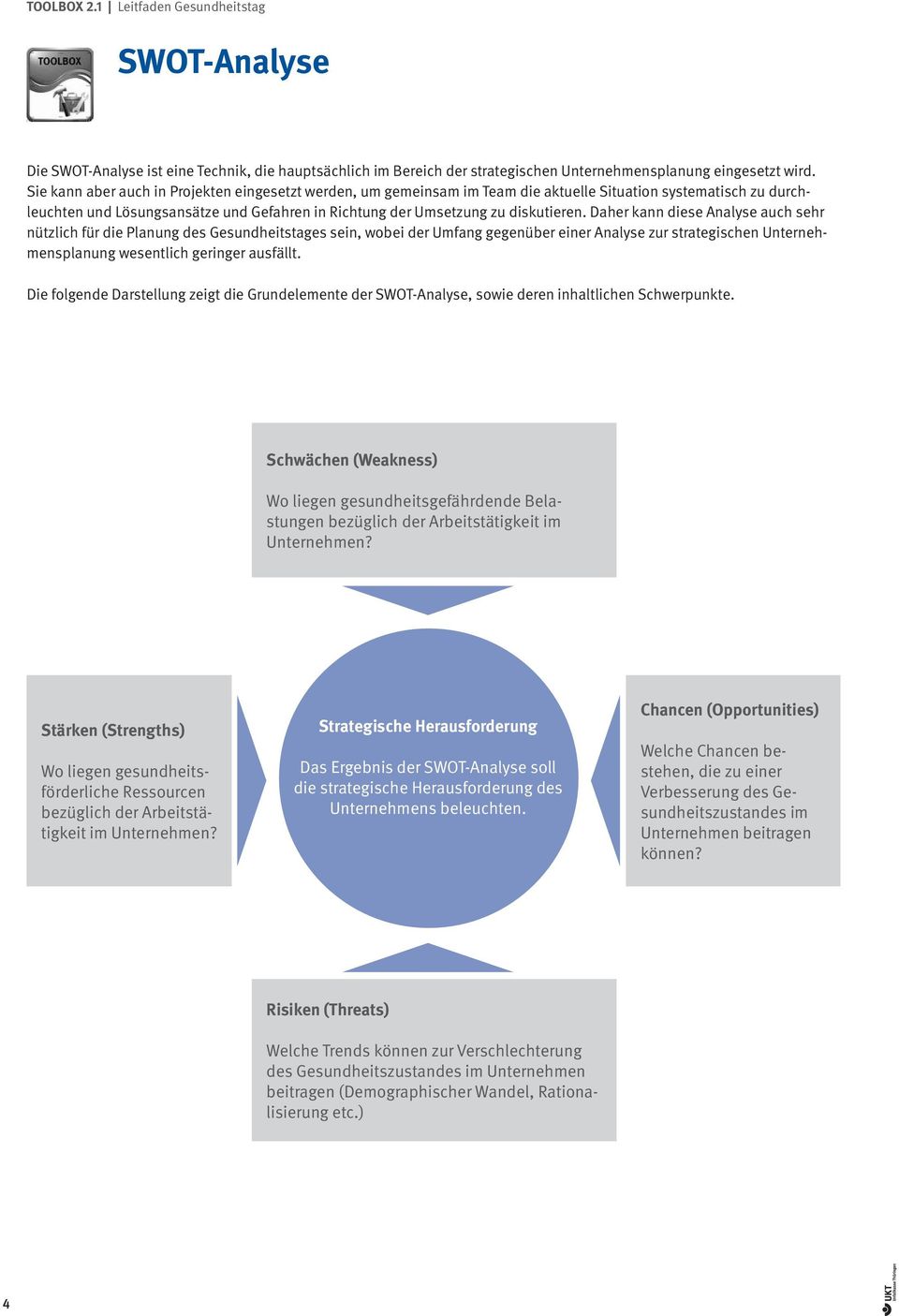 Daher kann diese Analyse auch sehr nützlich für die Planung des Gesundheitstages sein, wobei der Umfang gegenüber einer Analyse zur strategischen Unternehmensplanung wesentlich geringer ausfällt.